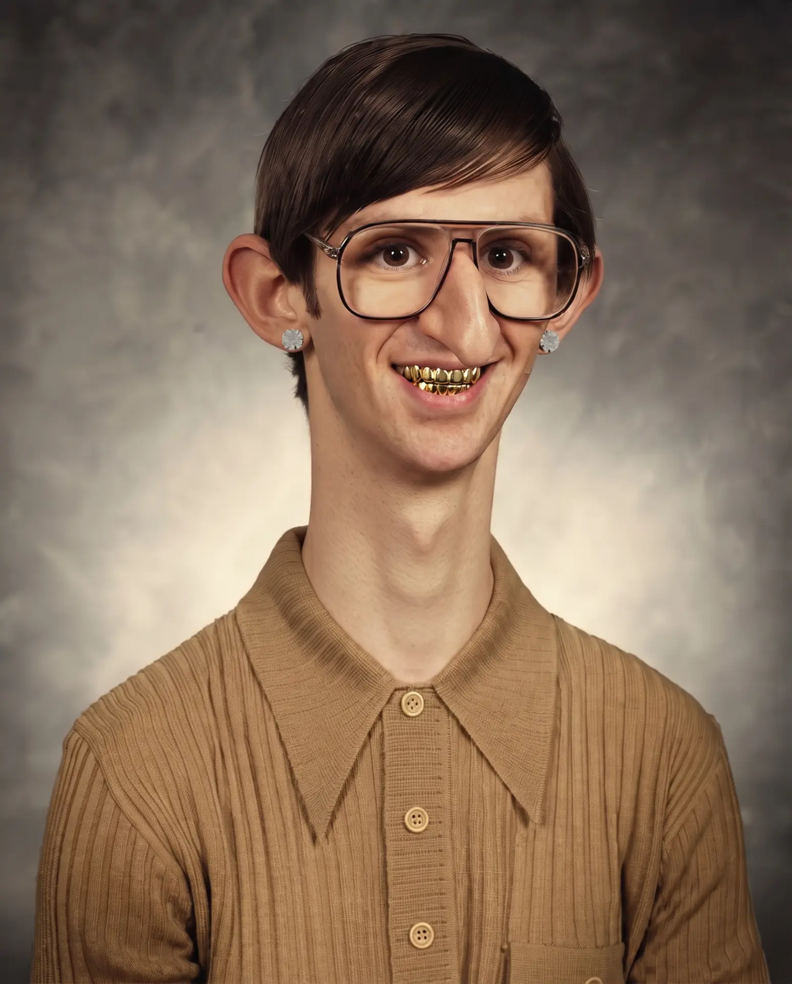 Referência enviada: personagem de óculos com grillz dourados e brincos de diamante