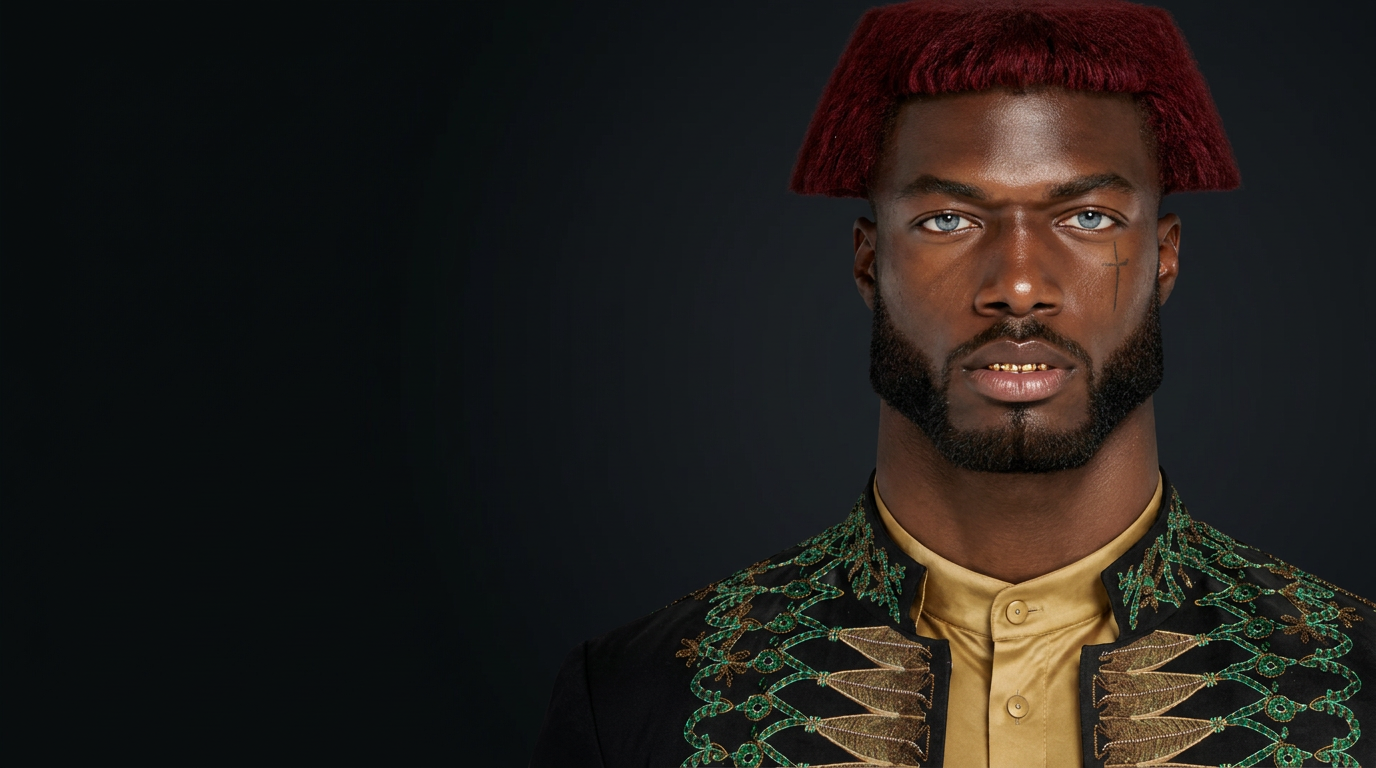 Personagem da referência enviada, com cabelo vinho, olhos azuis e jaqueta bordada